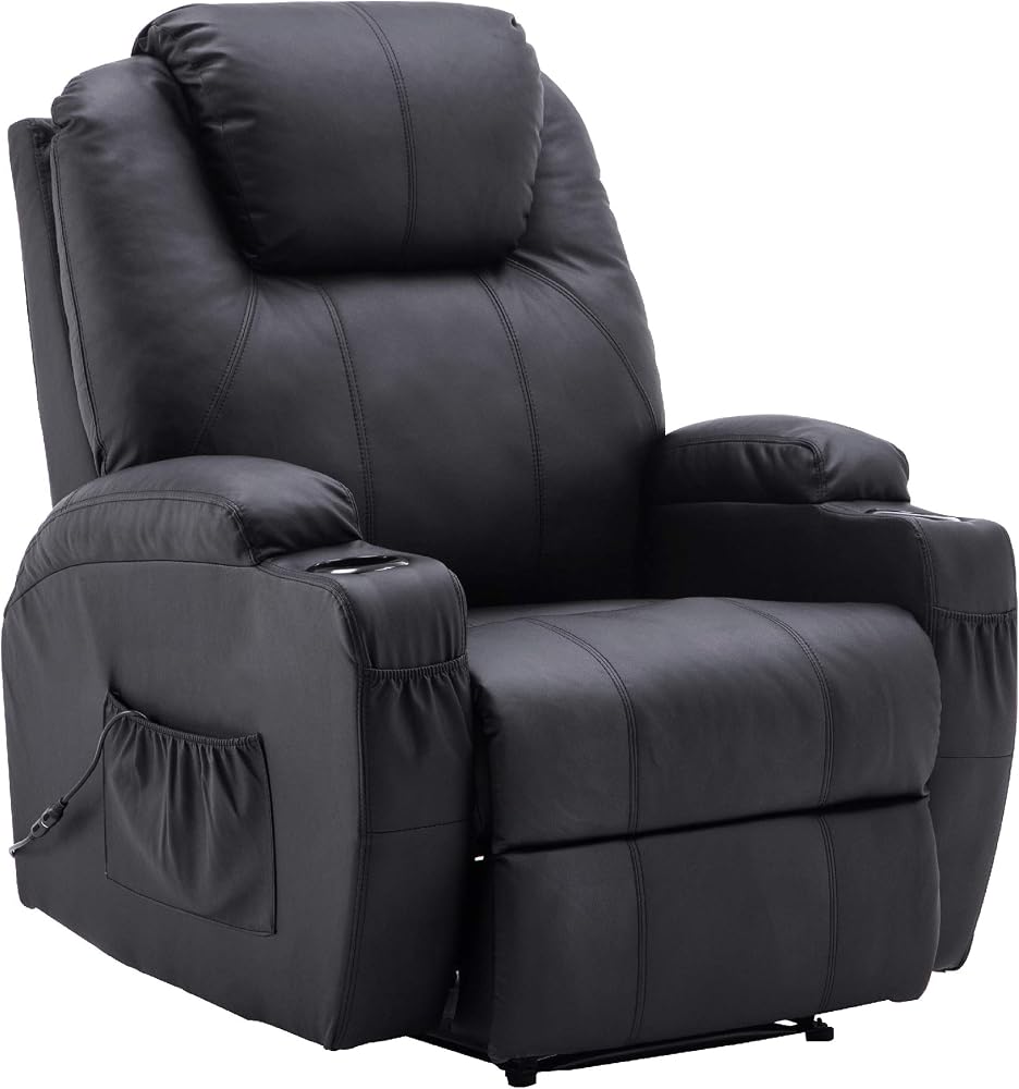 M Mcommbo - Sillón de relax eléctrico - Sillón de masaje - Sillón de TV - Función reclinable - Calefacción por vibración - Modelo 7061 (polipiel, negro)