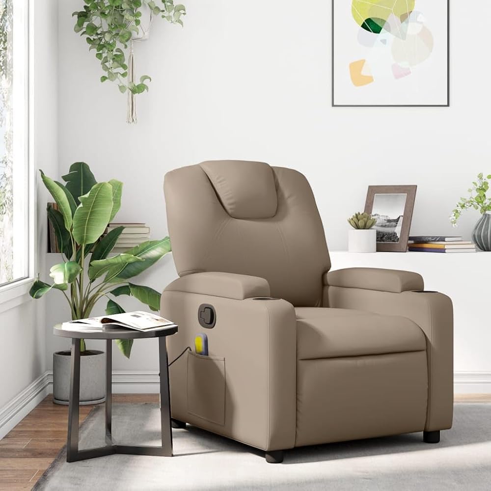 Festnight Sillón Masaje Reclinable Sillón Masaje Eléctrico Sillon Relax Reclinable Sillon Reclinable Manual Sillón Relax de Cuero Sintético, con Prácticos Portavasos y Bolsillo, Capuchino