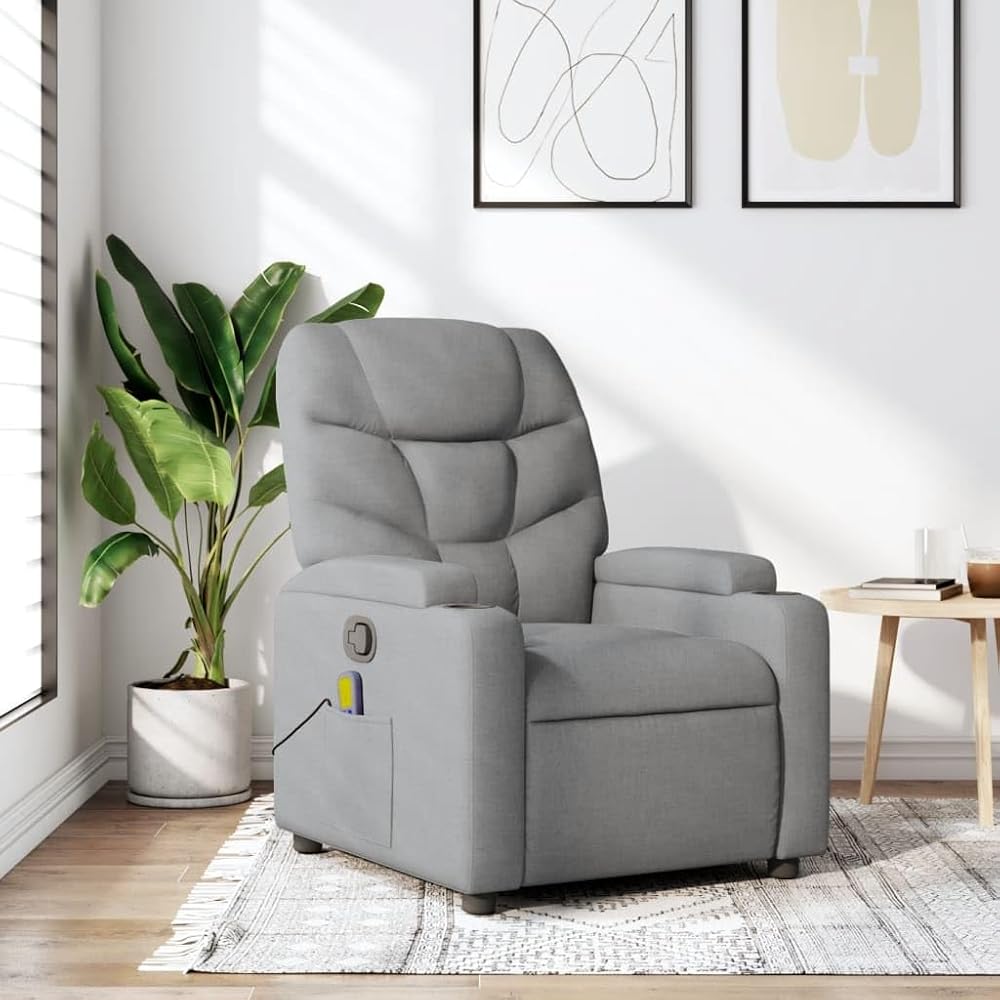 Festnight Sillón Masaje Reclinable Sillón Masaje Eléctrico Sillon Relax Reclinable Sillon Reclinable Manual Sillón Relax de Tela, con Prácticos Portavasos y Bolsillo #2, Gris Claro