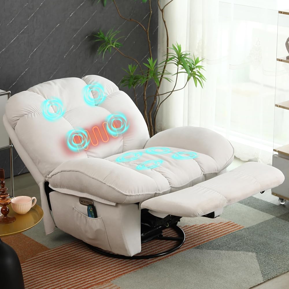 Sillón de Masaje Reclinable Eléctricas, Vibración Masaje, Calefacción, Conector TYP C & USB, Silla Giratoria con Función de Cronometraje, 1 portavasosy Bolsillos Laterales (Blanco)