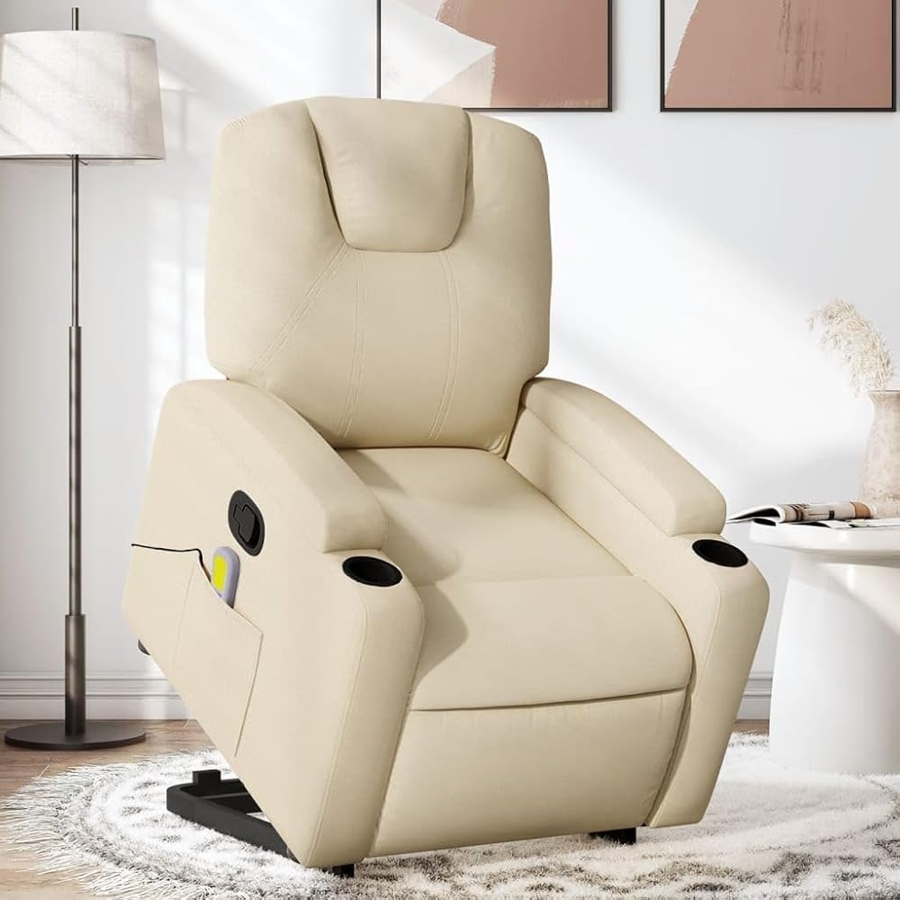 IKAYAA Sillón de Masaje Sillón Relax con Elevador Levanta Personas Mayores Sillon Relax Reclinable Sofá Relax con Bolsillos Laterales Crema