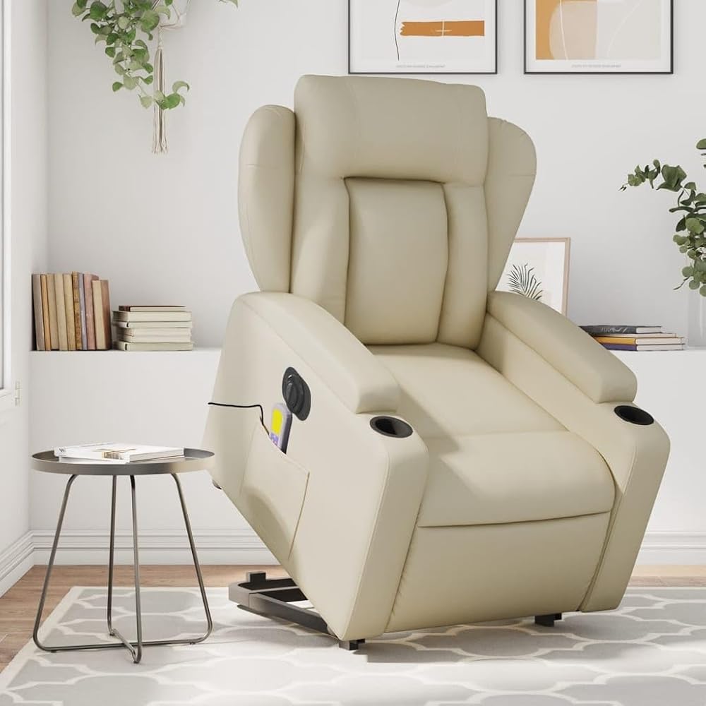 IKAYAA Sillón de Masaje Sillón Relax Eléctrico con Elevador Levanta Personas Mayores Sofá Relax con Bolsillos Laterales y Posavasos Crema