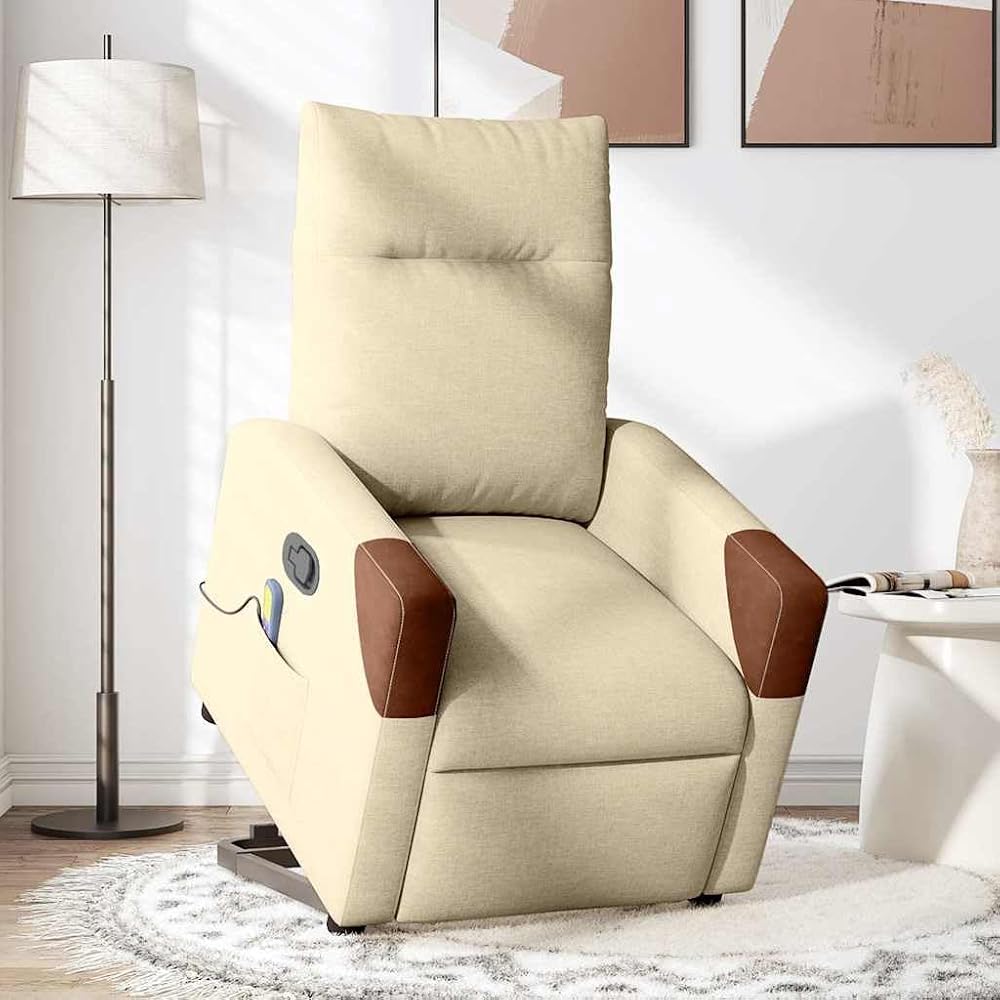 IKAYAA Sillón de Masaje con Elevador Levanta Personas Mayores, Sillon Relax Reclinable Electrico, Butaca Relax Sillon en Tela, Sofá 1 Plaza, Crema y marrón