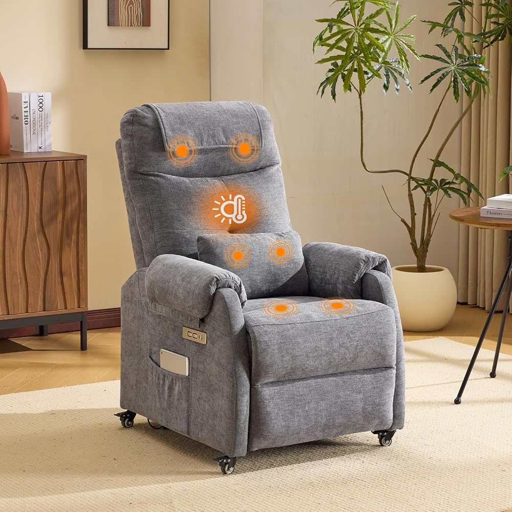 Bonnlo Sillón de relax, sillón de televisión, sillón de masaje eléctrico con función reclinable, sillón de TV, masaje de 6 puntos y función de calor, puertos USB-C y USB-A, 1 bolsillo lateral, tela de