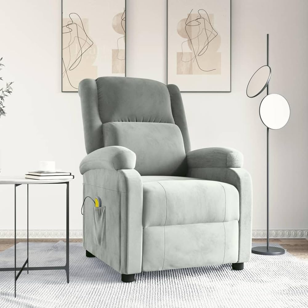 Sillón de masaje de terciopelo gris claro, tumbona de relajación con masaje de vibración de 6 puntos, ajuste manual, cómodo sillón de relax para salón y dormitorio, cómodo sillón de TV