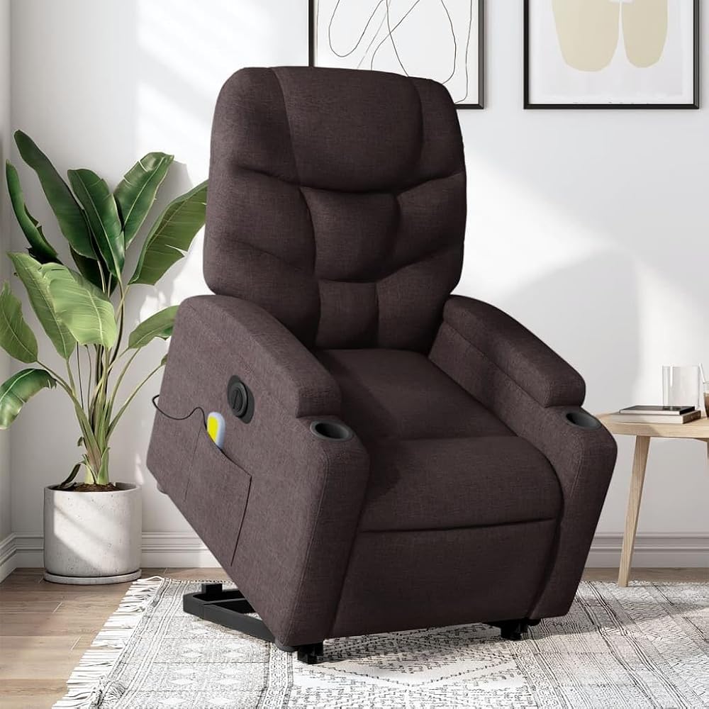 Genérico Sillón Masaje eléctrico reclinable elevable Tela marrón Oscuro,Mobiliario,Sillas,Sillones-3204637