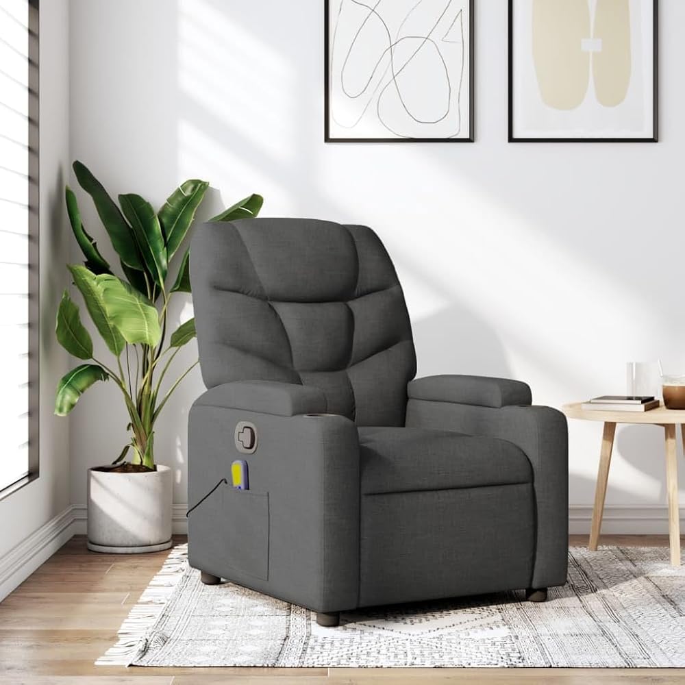 Sillón relax de masaje, tejido gris oscuro, 6 puntos de vibración, función de reclinación manual, cómodo acolchado, para sala de estar, dormitorio, capacidad de carga de 110 kg