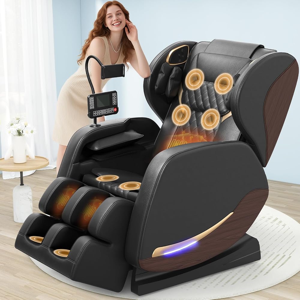 Sillón de Masaje,14 Rodillos de Masaje,Calefacción Lumbar,8 Bolsas de Aire,Altavoz Bluetooth,Controlador de Pantalla Táctil,Sillón Reclinable de Gravedad Cero para Cine en Casa (Negro)