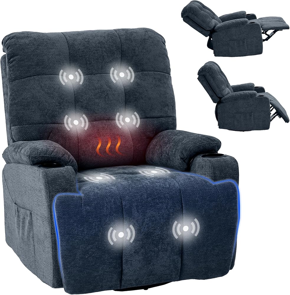 FLEXISPOT XR7 Curve Sillón Relax Eléctrico Giratorio con Balanceo, Masaje 8 Puntos y Calor, Reclinable 105°-165°, USB y Type-C, 2 Portavasos y Bolsillos Laterales, Soporta hasta 200 kg, Azul Oscuro