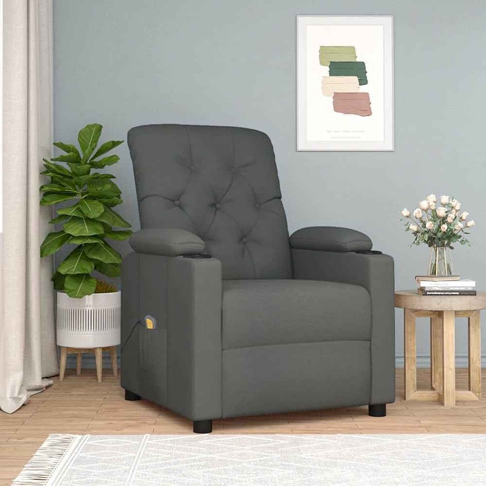 Sillón de masaje de tela gris oscuro, sillón relax con función reclinable, masaje de vibración de 6 puntos, sillón de televisión para salón, estable hasta 110 kg, 78,5 x 93 x 96,5 cm