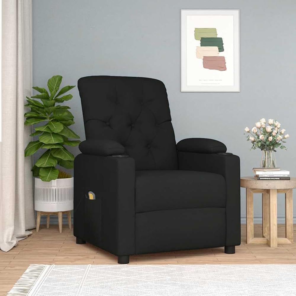 Sillón de masaje de tela negra, sillón relax con función reclinable, 6 puntos de vibración, sillón de televisión para salón, 110 kg de capacidad de carga, estructura metálica