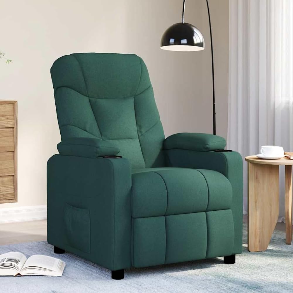 Sillón de masaje de tela verde oscuro, sillón relax con masaje vibratorio de 6 puntos, función reclinable manual, cómoda silla de TV para salón, marco de metal, 73 x 94 x 101,5 cm