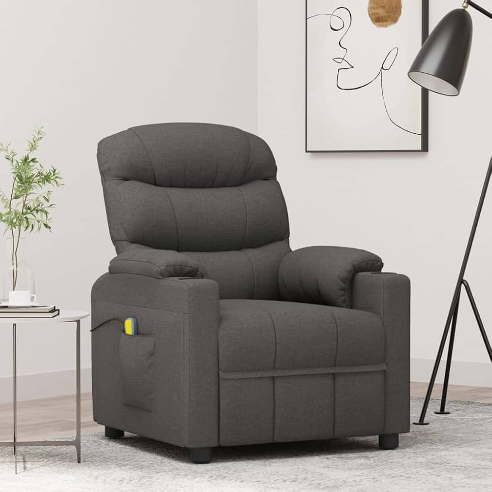 Sillón de masaje de tela gris oscuro, sillón relax con 6 puntos de masaje vibratorio, función reclinable manual, cómoda silla de TV para salón, marco de madera y metal