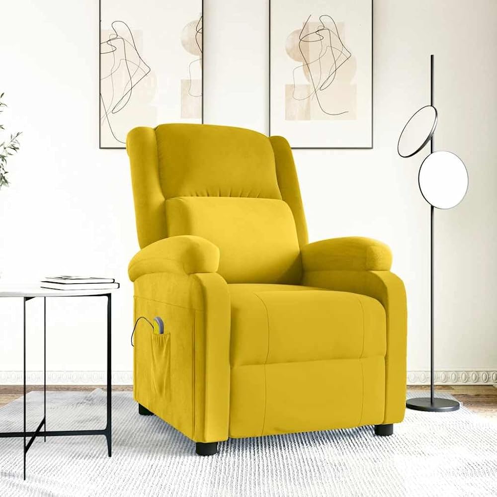 Sillón de masaje de terciopelo amarillo, sillón de relax con función reclinable, sillón de televisión, masaje vibratorio de 6 puntos, ajustable manualmente, 70 x 93 x 98 cm
