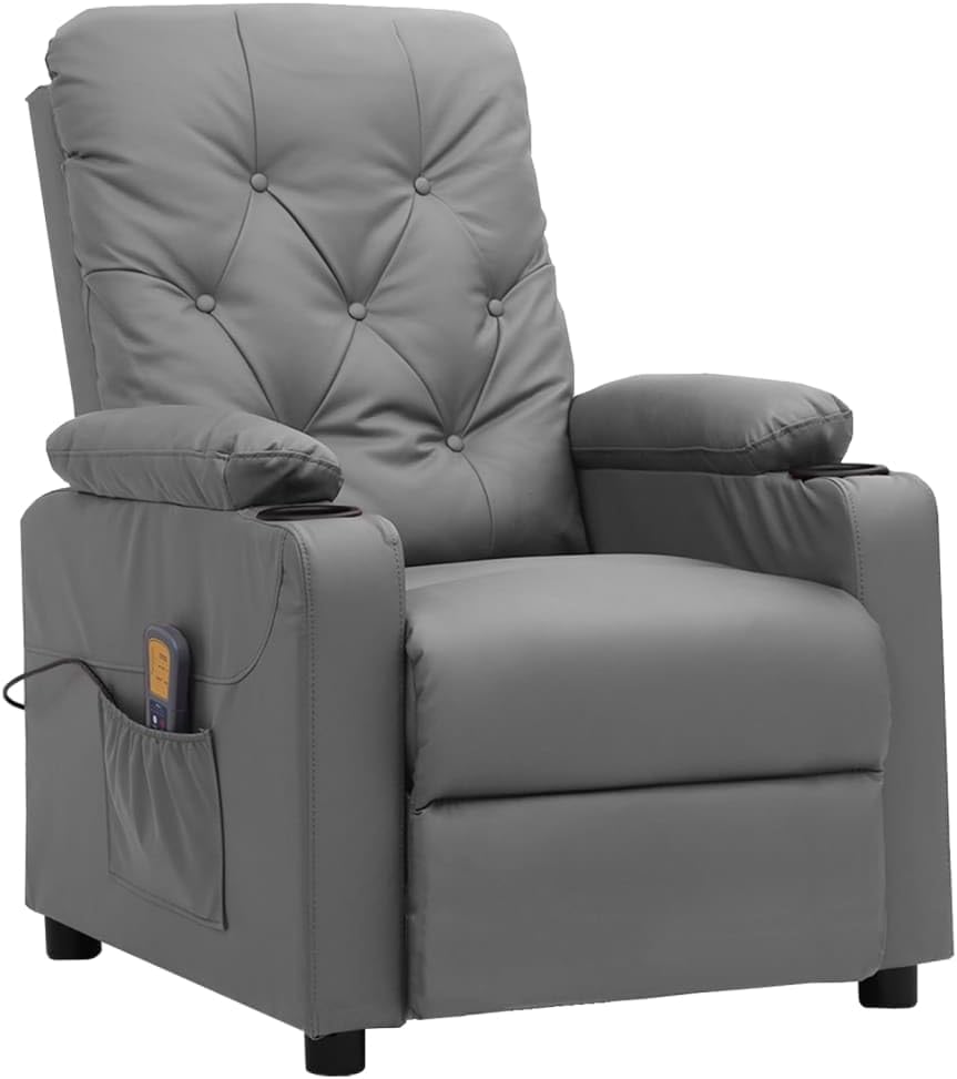 Sillón de masaje de piel sintética gris, sillón de relax con función reclinable, 6 puntos de vibración, sillón de televisión para salón, 78,5 x 93 x 96,5 cm
