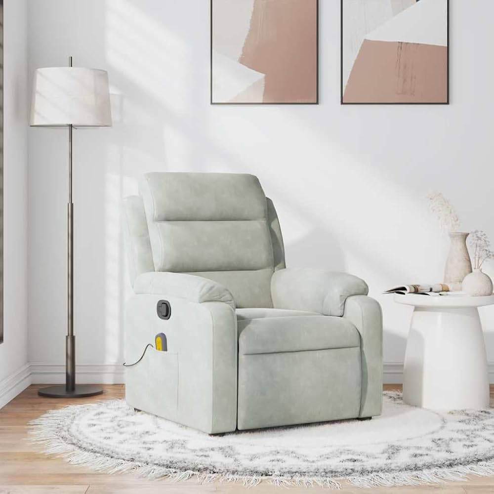 Sillón de masaje de terciopelo gris claro con masaje de vibración de 6 puntos, función reclinable manual hasta 135 grados, cómodo sillón de relax para salón y dormitorio, marco de madera y