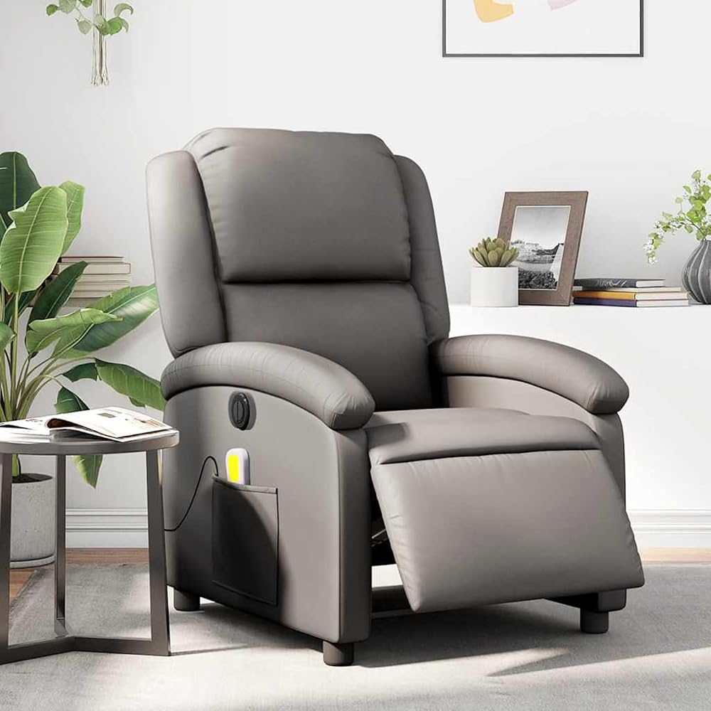 Sillón de masaje eléctrico gris de piel auténtica, 71 x 86,5 x 99,5 cm, 6 puntos de vibración, con función reclinable eléctrica para adultos