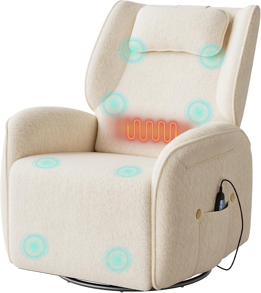 WOLTU Sillón Reclinable, Sillón de Masaje con Calefacción en Zona Lumbar, Reposacabezas, Bolsillos, Puerto USB, Sofá Relax Giratorio Tapizado en Chenilla, Capacidad de Carga 150 kg, Beige